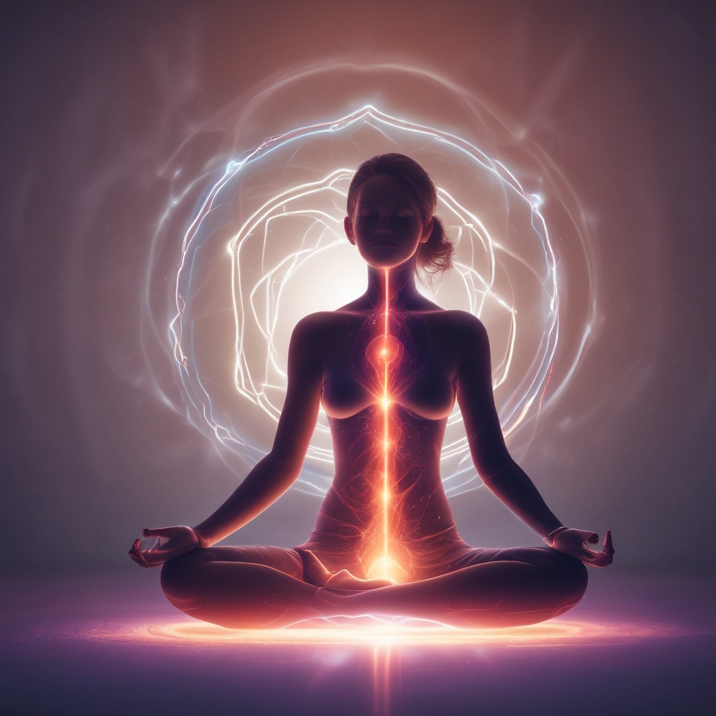 Person in lotus pose with visible energy aura