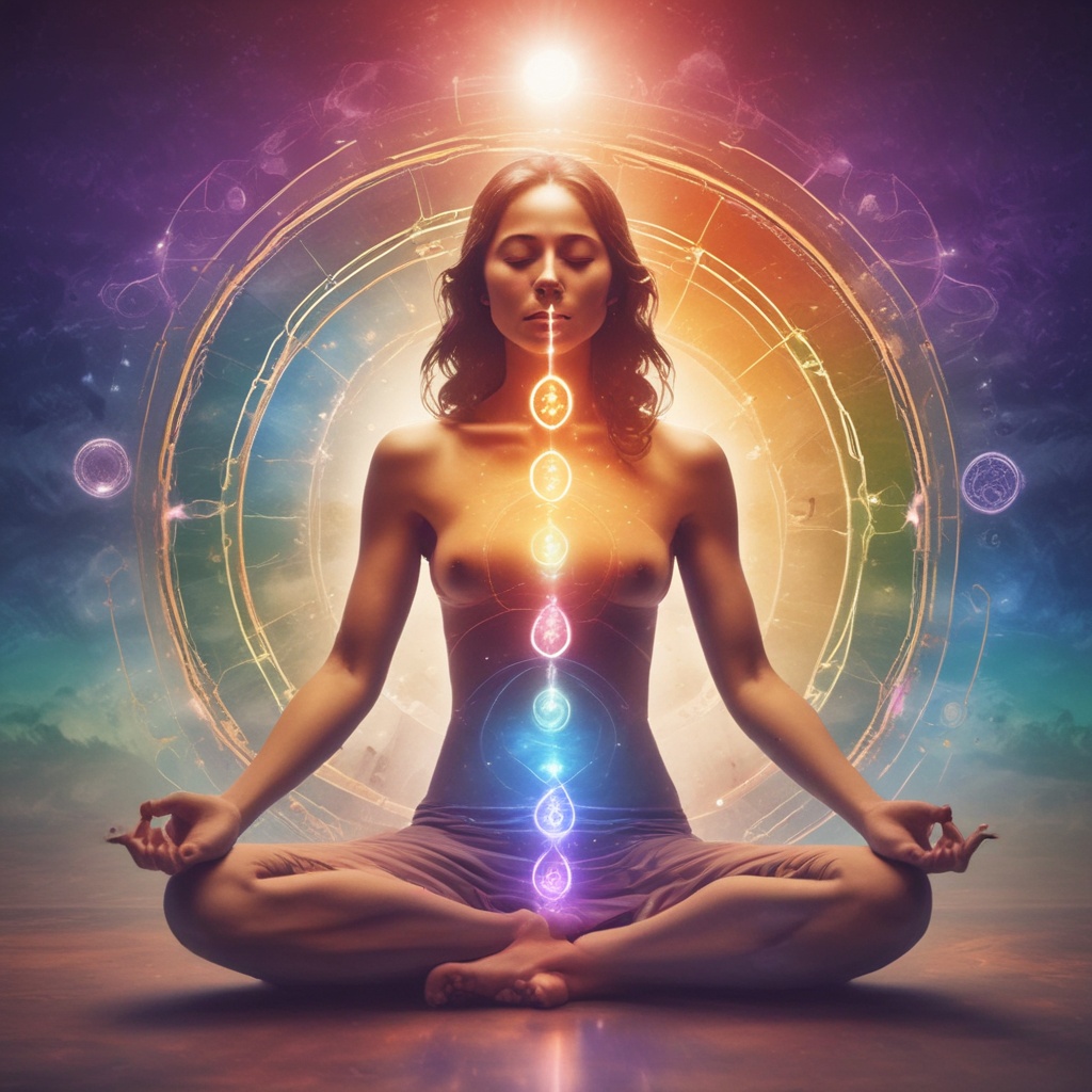 Person meditating with kundalini energy rising through chakras