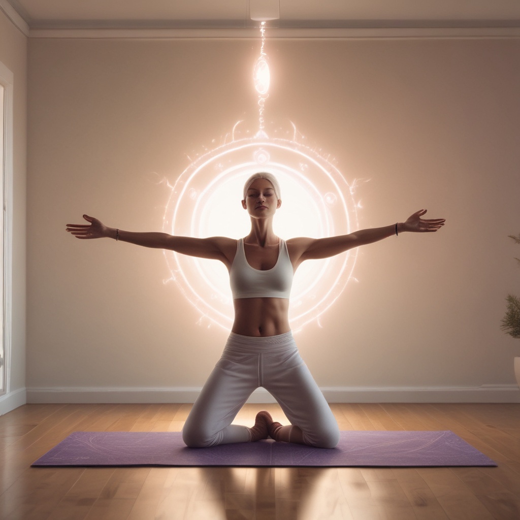 Person performing advanced kundalini yoga pose with energy visualization
