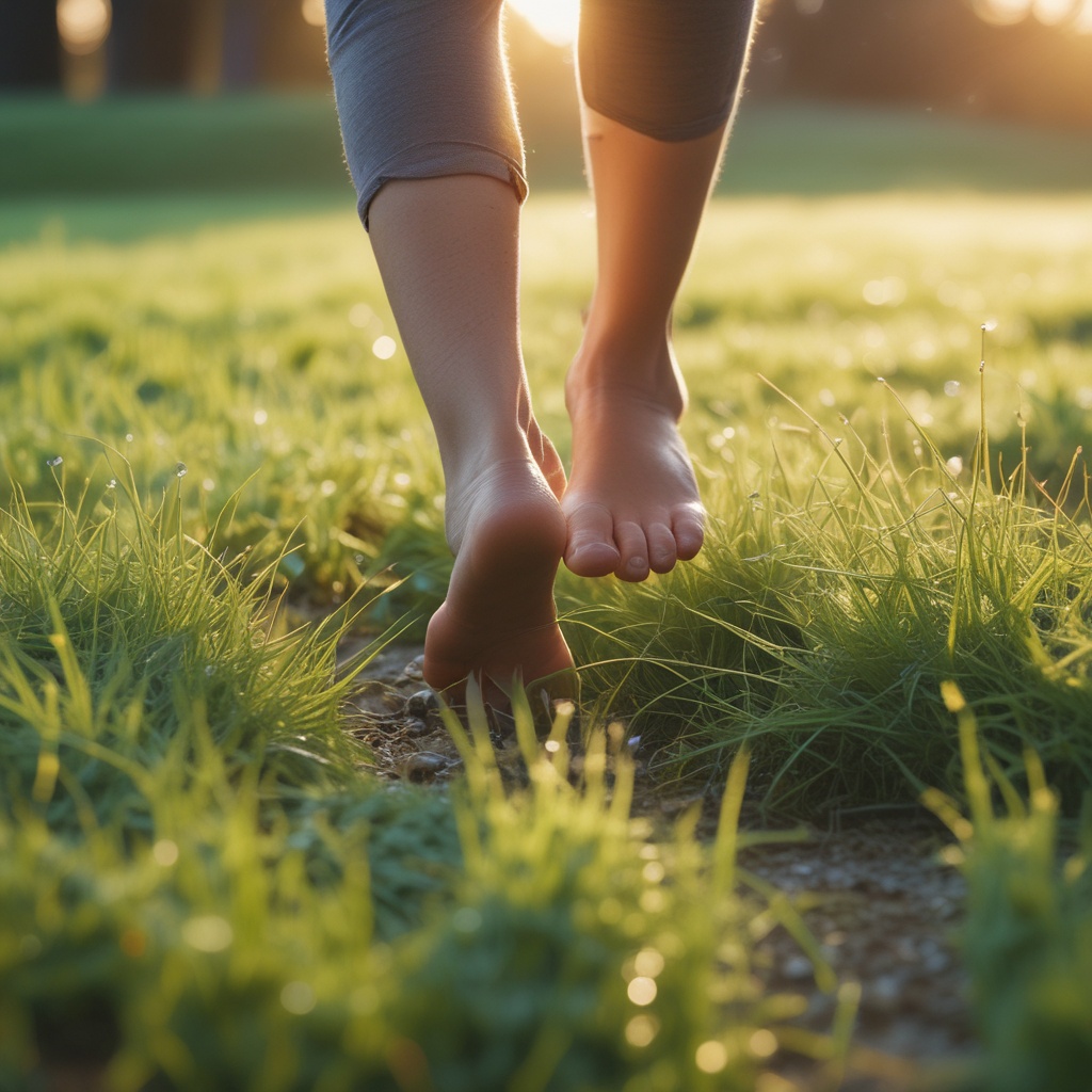 Person walking barefoot on morning dew-covered grass with soft sunrise light